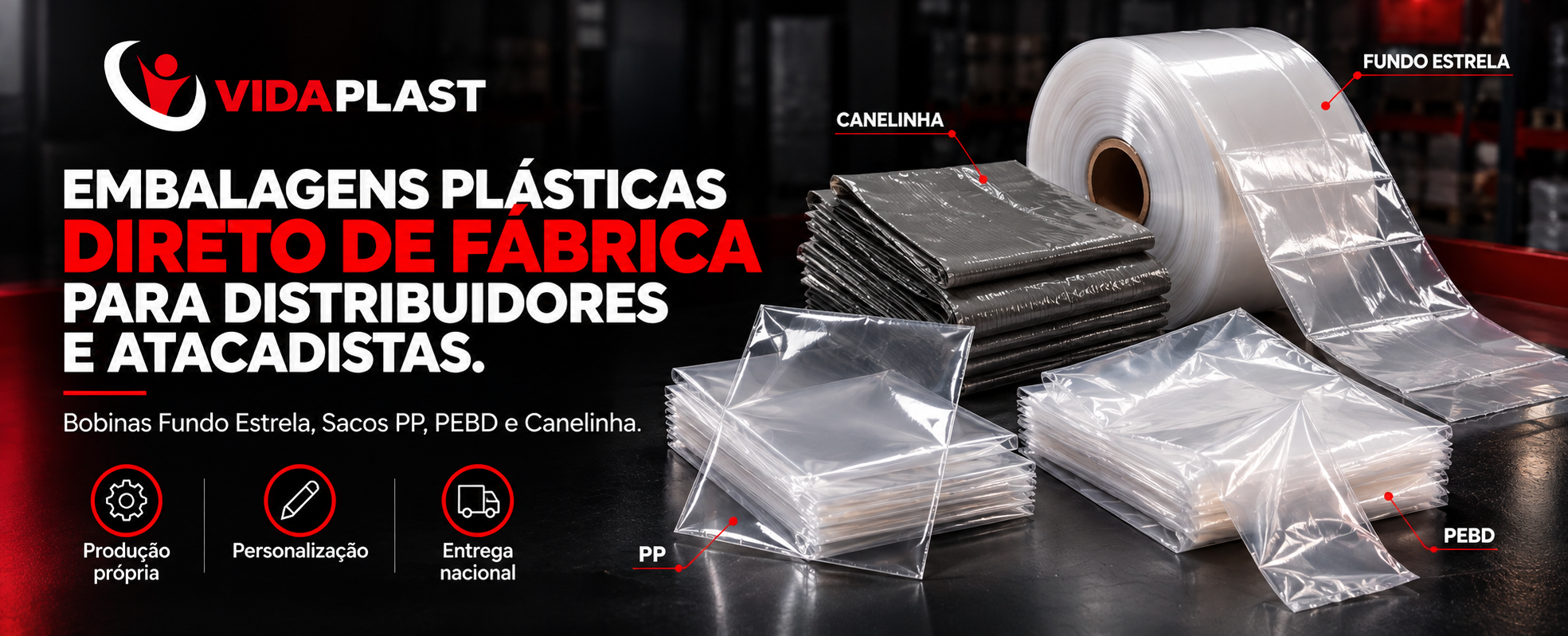 Banner comercial de embalagens plásticas VidaPlast